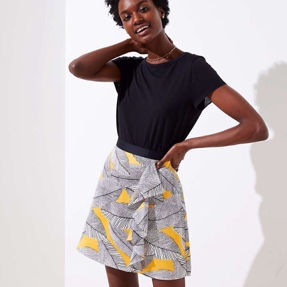New Yellow Leaf Print Ruffle Detail Skirt new 14